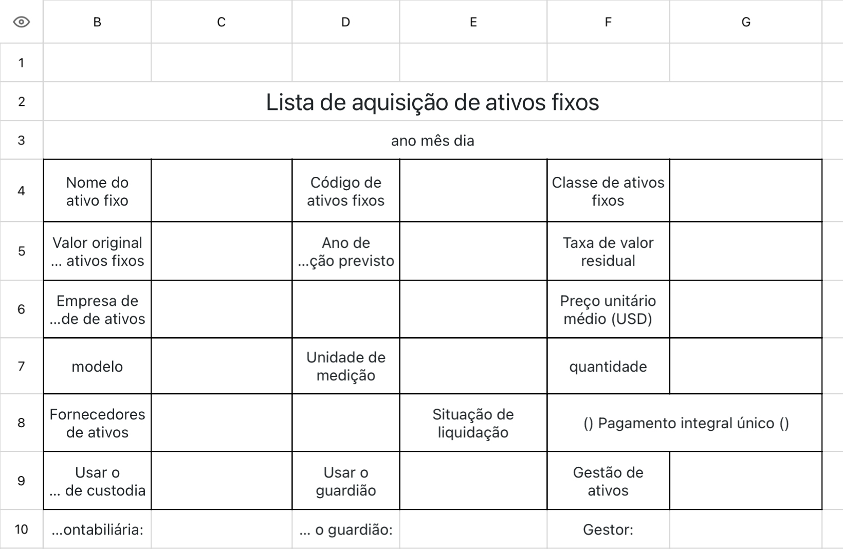 Lista de aquisição de ativos fixos